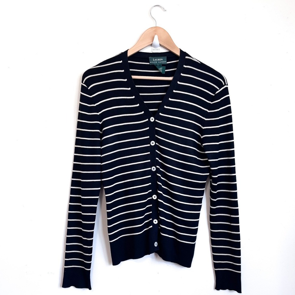 Ralph Lauren Womens Striped Silk Cardigan Sweater Large Navy White Nautical FLAW